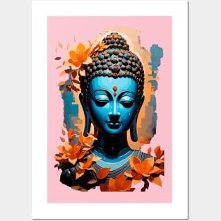 Buddha Head with Vibrant Flowers Posters and Art